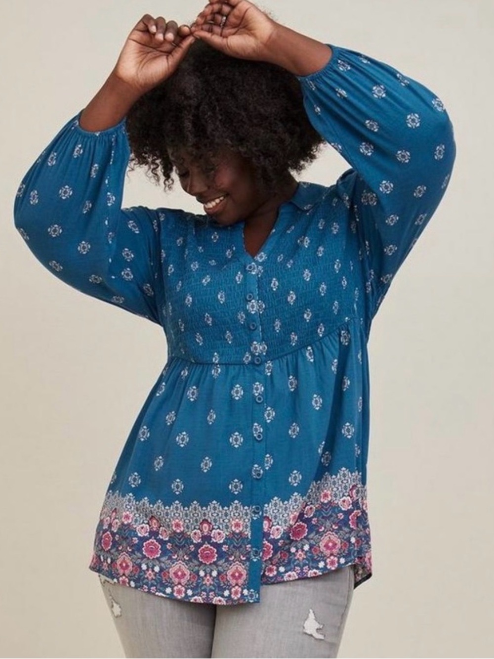Torrid Teal Blue Floral Border Print Smocked Peplum Blouse Long Sleeve Size 2/2x